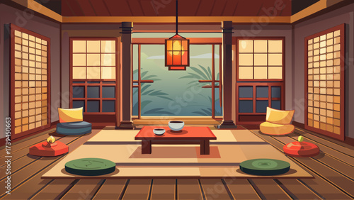 A room with a wooden floor and a table with a bowl on it. There are two chairs and two pillows