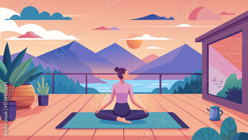 A woman is sitting on a mat in front of a beautiful mountain range. The sky is orange and the sun is setting