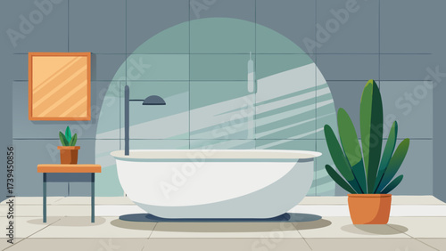 A bathroom with a white bathtub and a potted plant. The bathroom is clean and well-lit, with a mirror on the wall. The potted plant adds a touch of greenery to the space, making it feel more inviting