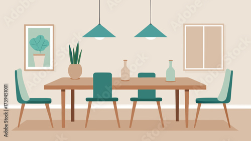 A modern living room with a wooden dining table and chairs. The table is surrounded by four chairs, and there are two vases on the table