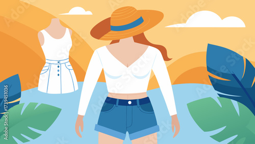 A woman wearing a white shirt and blue shorts is standing in front of a body of water. The scene is set in a tropical environment with palm trees and a bright blue sky