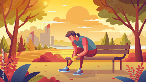 A woman sits on a bench in a park, rubbing her leg. The scene is set in a park with trees and a bench. The woman is in pain, and the setting suggests a peaceful and relaxing environment