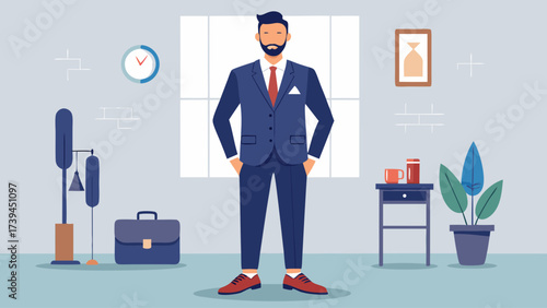 A man in a suit stands in front of a window with a clock on the wall. He is wearing a tie and has a briefcase in front of him. The room has a modern and professional feel to it