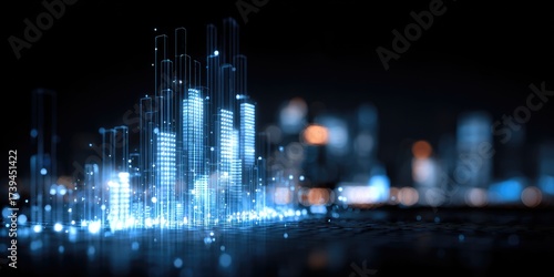 Futuristic city rendered in blue light with translucent skyscraper outlines against a dark background