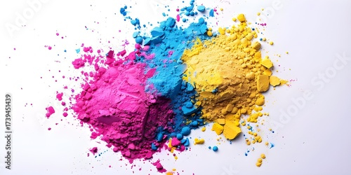 CMYK Cyan Magenta Yellow Powder Explosion on White Background for Print Concept