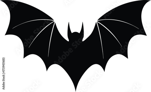 A black bat silhouette flies over an autumn maple leaf vector illustration, blending Halloween nature symbols with a minimalist seasonal design on a white backgroundA black bat silhouette flies over a