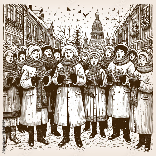 group of bundled-up carolers singing together on snowy streets with a church in the background sketch engraving generative ai fictional character vector illustration. Scratch board. Black and white.
