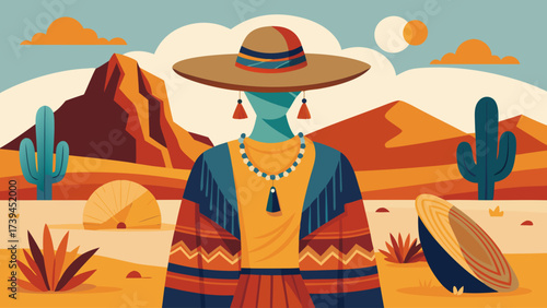 A woman wearing a hat and a necklace stands in a desert. The desert is barren and dry, with only a few cacti scattered around. The woman's outfit is colorful and vibrant