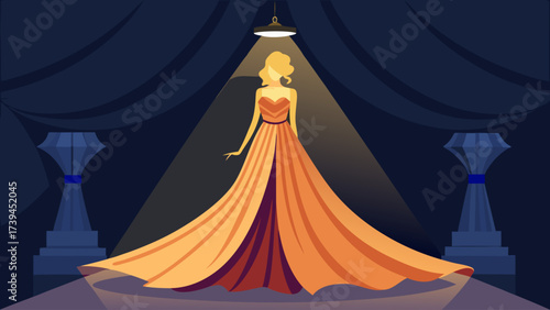 A woman in a long orange dress is standing in front of a spotlight. The scene is set in a theater, and the woman is likely a model or actress. The bright light shining on her creates a dramatic
