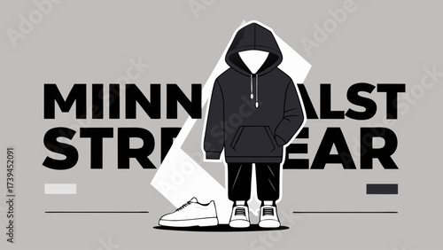 A black hoodie with a white shoe. The hoodie is a minimalist streetwear