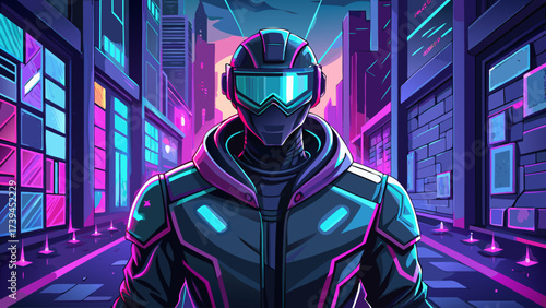 A man in a black jacket and goggles stands in front of a cityscape. The image has a futuristic and neon feel to it, with the city in the background and the man in the foreground