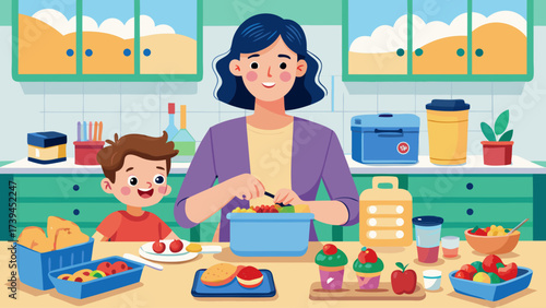 A woman and a child are in a kitchen preparing food. The woman is smiling and the child is happy. The kitchen is filled with various food items, including apples, cupcakes, and a bowl of food