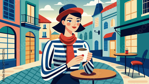A woman is sitting at a table with a cup of coffee. She is wearing a striped shirt and a red scarf. The scene is set in a city with buildings and a sidewalk