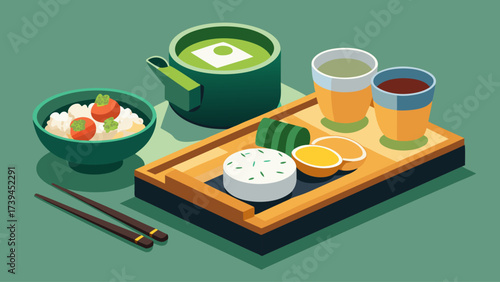 A tray of food with a green tea pot and cups is placed on a green background. The tray contains rice, vegetables, and fruit, along with chopsticks and a bowl
