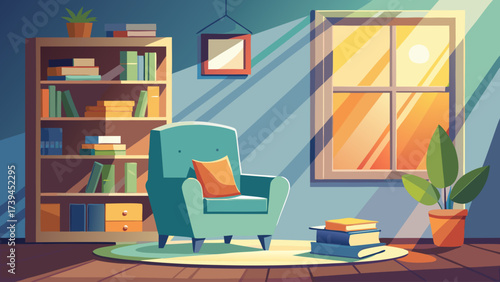 A blue chair is sitting in front of a window with a potted plant. The room is filled with books, and the sunlight is shining through the window
