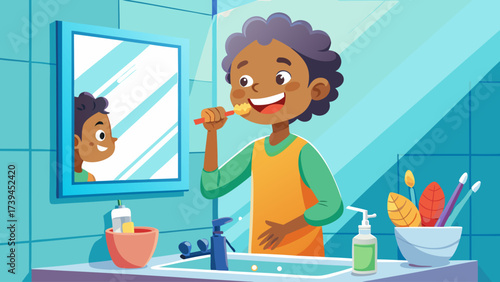 A young boy is brushing his teeth in front of a mirror. The boy is smiling and he is enjoying the process. The bathroom is well-equipped with a sink, toothbrush, and toothpaste