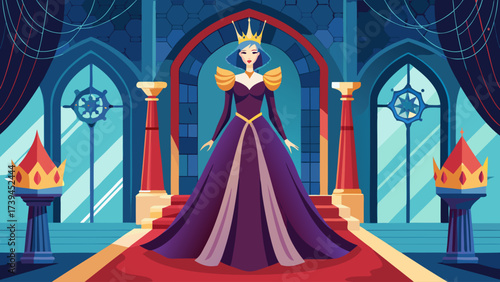 A princess is standing on a red carpet in front of a castle. She is wearing a purple dress and a crown