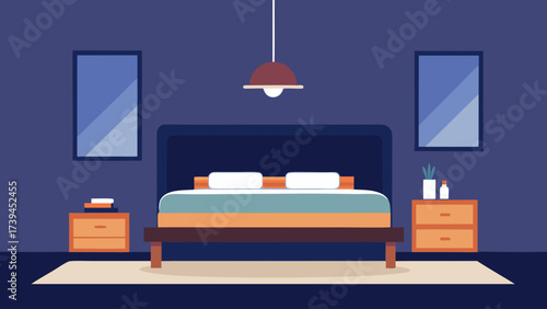 A bedroom with a bed, nightstand, and lamp. The room is dark and quiet, with a rug on the floor
