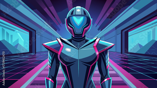 A woman in a futuristic suit stands in a hallway. The room is dimly lit and the walls are covered in neon colors. The woman's suit is made of a shiny