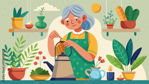 A woman is cooking in a kitchen with a lot of plants. She is smiling and seems to be enjoying herself