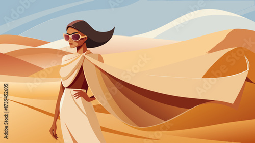 A woman is standing in a desert with a white dress and a white scarf. She is wearing sunglasses and a white hat