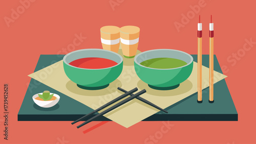 A table with two bowls of soup and two chopsticks. The bowls are green and red. The tablecloth is red