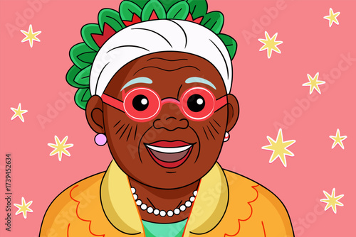 Joyful Senior Black Woman Christmas Portrait Illustration for Festive Season