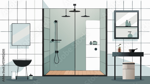 A bathroom with a shower and a sink. The shower has a glass door and a wooden floor