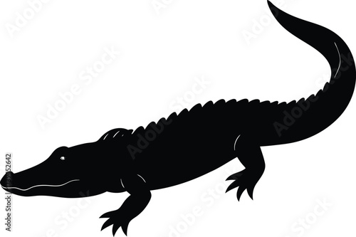 A black silhouette vector illustration of a wild crocodile and dinosaur reptile isolated on a white background featuring a long tail and predatory animal wildlife shape