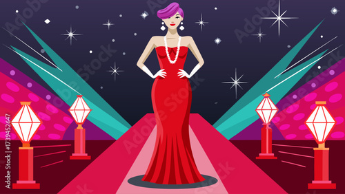 A woman in a red dress is walking down a red carpet. She is wearing a pearl necklace and a pink hat. The scene is set in a nightclub or a party, with lights and decorations