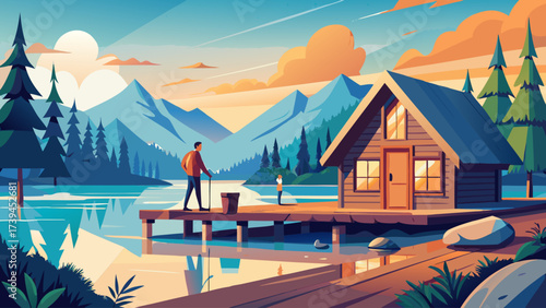 A man is walking near a dock by a lake. The scene is peaceful and serene, with a cabin in the distance. The man is carrying a backpack