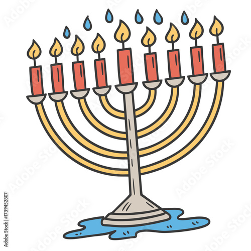 Cartoon illustration of a hanukkah menorah with candles