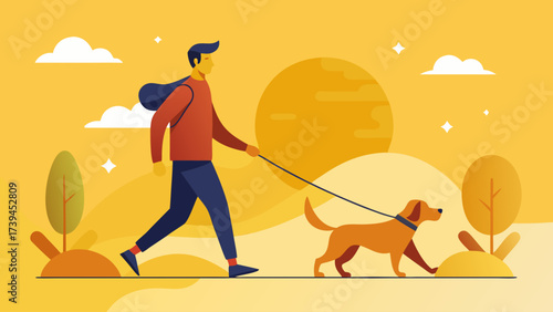 A man is walking his dog on a leash. The dog is a golden retriever. The man is wearing a red jacket. The sky is cloudy and the sun is setting