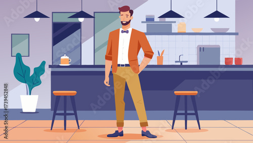 A man in a suit stands in front of a counter in a restaurant. He is wearing a tie and has a beard