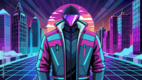 A man in a jacket stands in front of a cityscape. The city is in the background and the sky is purple