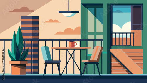 A drawing of a balcony with a table and chairs. A potted plant is on the left side of the balcony