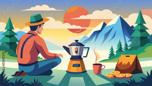 A man is sitting in the woods with a coffee pot and a bag of oranges. The scene is peaceful and serene, with the sun setting in the background