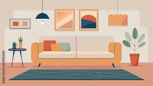 A living room with a couch, a potted plant, and a vase. The couch is orange and white, and the potted plant is green. The room has a cozy and welcoming atmosphere