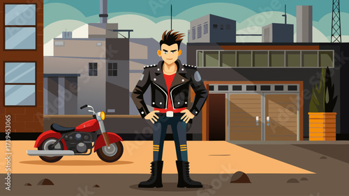 A man in a leather jacket stands in front of a motorcycle. The scene is set in a city with buildings in the background. The man is confident and proud of his motorcycle