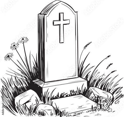 Tombstone with Cross on Cemetery Landscape Sketch