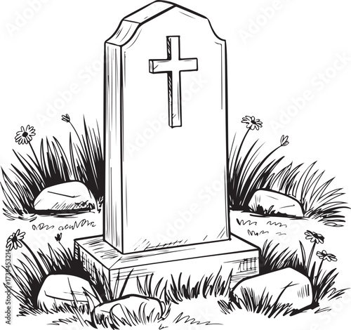 Grave Marker With Cross on Cemetery Ground Sketch Style
