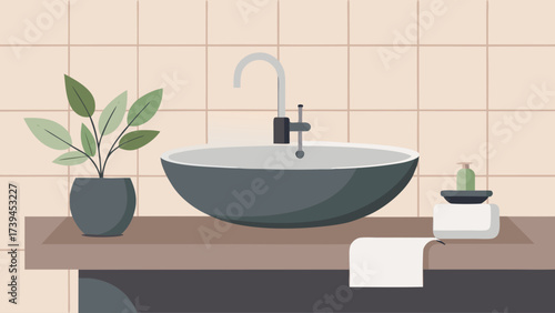A bathroom sink with a plant next to it. The sink is round and black. The plant is green and has leaves