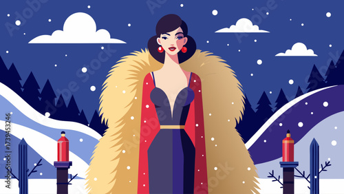 A woman in a fur coat stands in front of a snowy landscape. The scene is set in the winter, with snow covering the ground and trees in the background. The woman is wearing a red coat