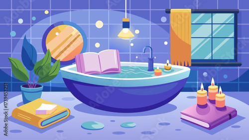 A bathtub with a book on top of it and a candle in the water. Scene is relaxing and calming