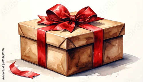 Watercolor rendering of a wrapped present with a large red bow and ribbon against a white backdrop. The box is brown