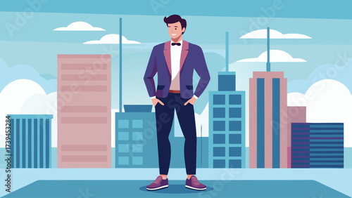 A man in a suit stands in front of a city skyline. He is wearing a tie and he is confident and well-dressed