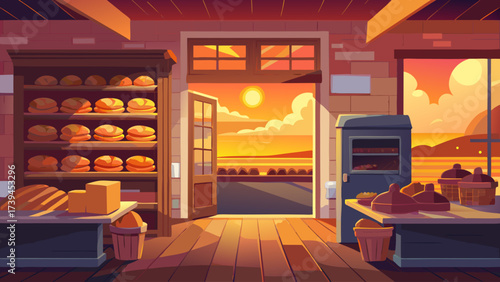 A bakery with a view of the ocean. The sun is setting and the sky is orange. There are many loaves of bread on display