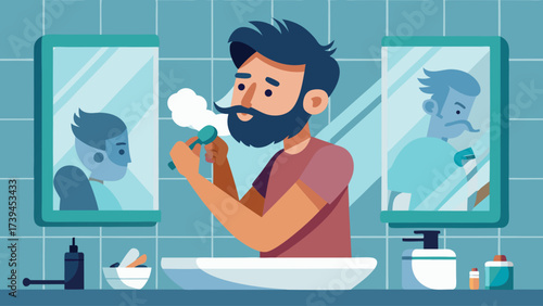 A man is shaving in front of a mirror. He is using a razor and shaving cream. The man is wearing a red shirt