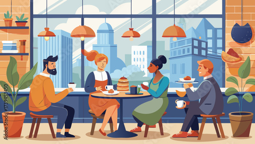 A group of people are sitting at a table in a cafe, enjoying their time together. The atmosphere is relaxed and friendly, with everyone engaged in conversation and enjoying their food and drinks