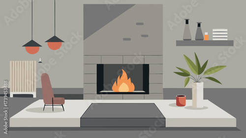 A modern living room with a fireplace and a potted plant. The room is decorated with a few books and a vase. The fireplace is lit, and the room has a cozy and inviting atmosphere